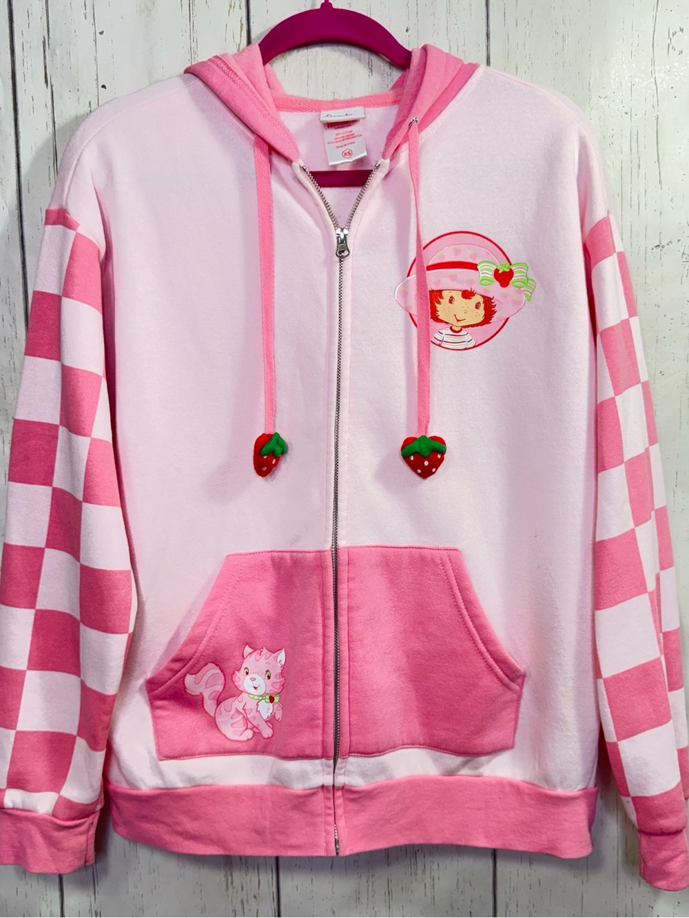 Strawberry Shortcake Hot Topic Pink Zip Up Hoodie Size XS Kidcore Y2K Coquette